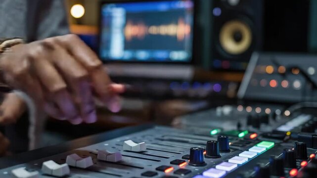 Dynamic audio engineer adjusting soundboard levels to create a vibrant mix in a modern studio environment for a professional music production session