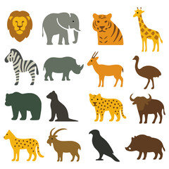 Fototapeta premium Animal Kingdom Icons: A vibrant collection of stylized animal illustrations showcasing a diverse range of species, each capturing the essence of the wild in a playful design. 