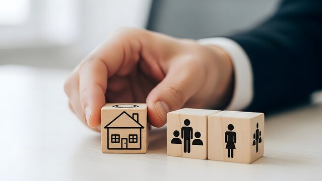 Planning for the future with home and family concept on wooden blocks representing secure and happy life