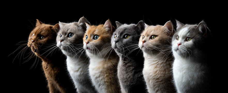 group of 6 different colored british shorthair cats, side profile