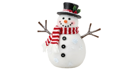 Festive Decorative Snowman Figure with Top Hat and Red Striped Scarf Isolated on White