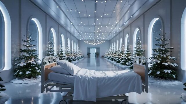 Hospital hallway glows with Christmas cheer, bringing holiday spirit to patients during recovery and healing, creating a hopeful winter scene