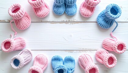 Baby booties in blue and pink arranged on white wooden surface, baby shower theme