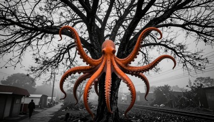 Octopus in urban tree landscape.