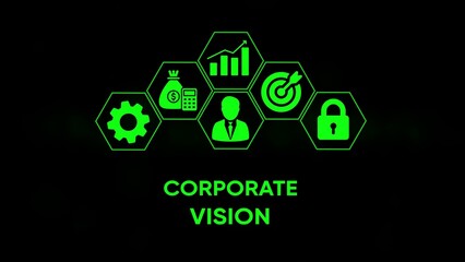 Fototapeta premium Green corporate vision icons including gear money calculator graph target person and lock on black background