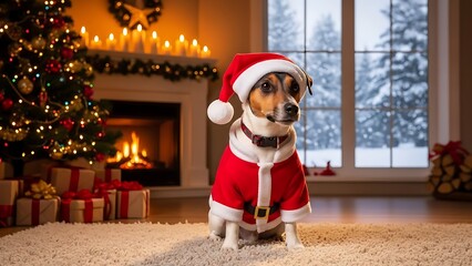 Christmas Dog Portrait A Festive Jack Russell in Santa Costume with Holiday Decor