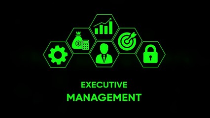 Green digital icons representing business concepts including gear money calculator graph target person and lock on black background