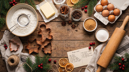 A flat lay of Christmas cookie ingredients—flour, spices, sugar, eggs, and cutters—arranged on a rustic table with warm lighting for a festive baking mood.
