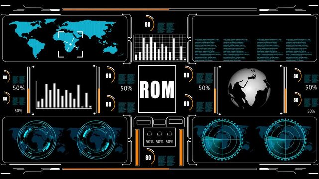 ROM text animation. Cyberspace HUD elements animation. technology abstract background internet of things animation concepts.