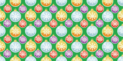 Seamless pattern of Christmas tree decorations on a green background. Christmas decor. Vector illustration.