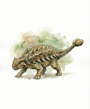 Ankylosaurus Armored Dinosaur Watercolor Illustration, Heavy Armor and Tail Club, for Interior Decoration and Educational Materials