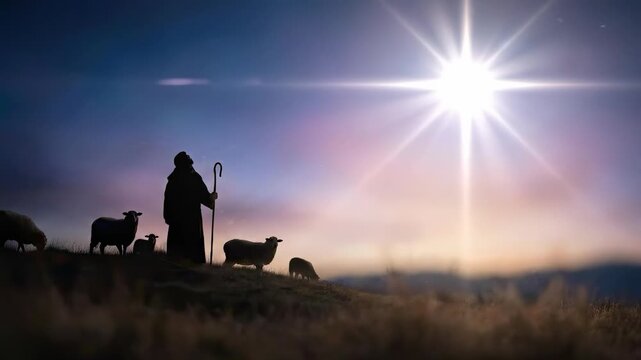 Shepherd silhouette with sheep watching bright Christmas star of Bethlehem at night