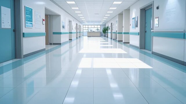 青い手すりとドアがアクセントになっている清潔な病院の長い廊下が奥へと続く風景
