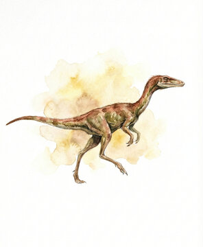 Coelophysis Theropod Dinosaur Watercolor Illustration, Slender Triassic Predator Running, for Interior Design and Historical Prints