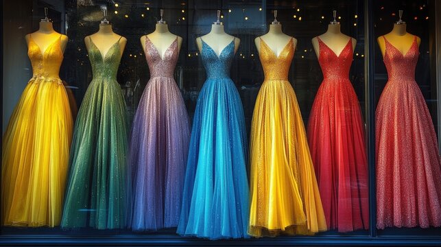 A row of shimmering evening gowns displayed on mannequins, showcasing a diverse range of colors and styles.