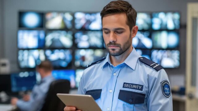 Focused security guard uses a tablet in a modern control room reviewing surveillance footage, ensuring safety and protection with cutting edge technology - Powered by Adobe
