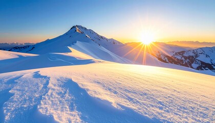 Stunning panorama of snow-covered mountains bathed in the warm light of sunrise