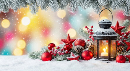 Lantern with candle siting in the snow surrounded by festive red Christmas ornaments