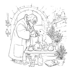 Obraz premium Unleash your inner alchemist with this bewitching illustration of a plague doctor brewing magic potions