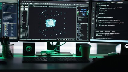 Monitors in data center displaying node tree interfaces monitoring infrastructure health. Visual programming systems on workstations helping identify malfunctions in server room equipment, closeup
