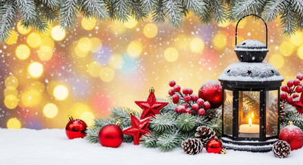 Lantern with candle siting in the snow surrounded by festive red Christmas ornaments
