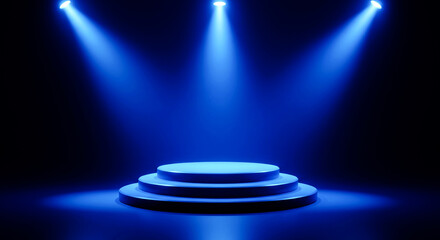 Blue stage podium illuminated by spotlights for product presentation design