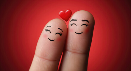 Naklejka premium Macro closeup of two happy fingers with drawn faces cuddling under a small red heart against a vibrant red background.
