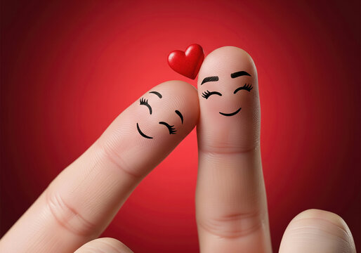 Macro shot of two happy fingers with painted female faces leaning together under a small red heart against a vibrant red background. - Powered by Adobe
