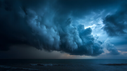 Obraz premium Un orage se forme au-dessus de l'océan pendant la nuit avec des nuages sombres et menaçants.