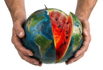 Hands holding earth globe watermelon with red slice concept of ecology