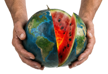 Hands holding earth globe watermelon with red slice concept of ecology