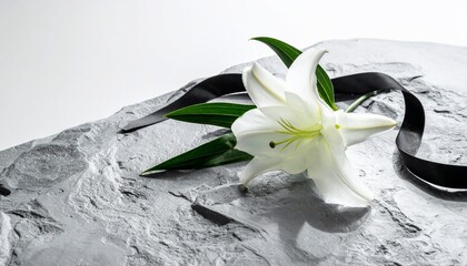Elegant white lily with black ribbon, symbolizing mourning and remembrance in high contrast