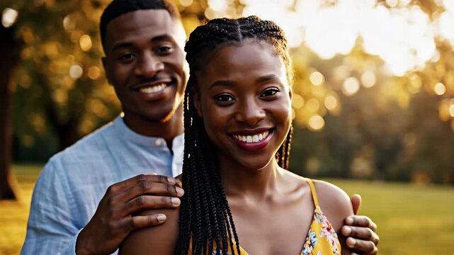 Joyful couple enjoying outdoor sunny park landscape gentle interaction positive relationship connection