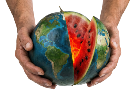 Hands holding earth globe watermelon with red slice concept of ecology