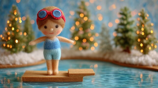 Cute handmade doll wearing swimsuit and goggles on diving board on festive background