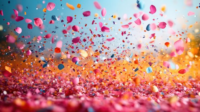 A dynamic shot capturing a burst of colorful confetti suspended in mid-air, set against a gradient blue backdrop. Perfect for celebrations, parties, and joyous occasions.