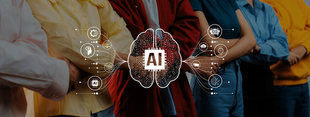 A diverse group of individuals stands together, showcasing the concept of artificial intelligence...
