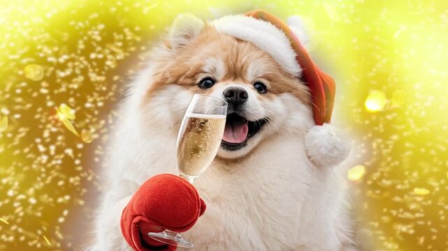 Happy  Dog in Santa Hat Celebrating Christmas with Champagne Glass and Bokeh Lights