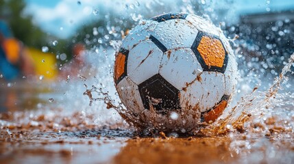 A vibrant soccer ball emerges from a puddle on a muddy field, creating a dynamic and energetic image.