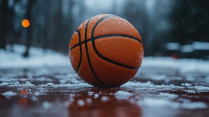 A single basketball rests on a glistening wet surface covered in fresh snow. The scene evokes a feeling of winter sports and stillness.