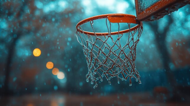 A basketball hoop covered in raindrops, creating a blurred and atmospheric scene. The focus is on the water droplets and the worn metal of the hoop, evoking a sense of melancholy and reflection.