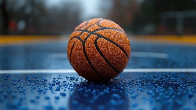 A basketball covered in glistening water droplets rests on a damp basketball court, creating a reflective and textured image. - Powered by Adobe