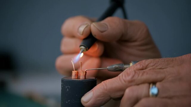Medium shot of a technician carefully soldering connections inside a dynamic microphone to restore clear sound quality.