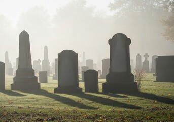 Foggy cemetery with tall gravestones and soft morning light