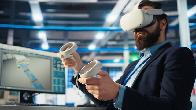 Photovoltaics factory engineer planning work on facility floor in CAD software using VR headset. Solar panels manufacturing plant technician designing assembly lines in virtual reality, camera A - Powered by Adobe