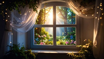 Magical window view of a sunlit garden with colorful flowers, sheer curtains, and fairy lights.