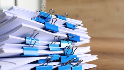 Large stack of white papers fastened with blue binder clips, signifying extensive office paperwork and document organization.