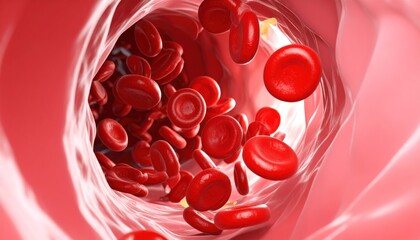 Red blood cells flowing through a human blood vessel, 3D render of erythrocytes in medical concept
