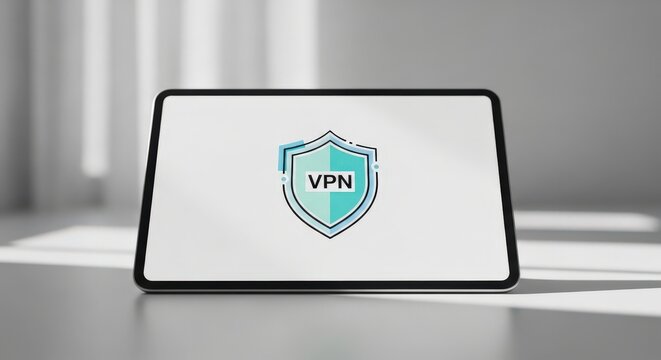 Tablet showing VPN security emblem - Powered by Adobe