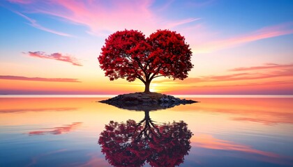 Stunning heart-shaped tree on an island reflecting beautifully on the water at sunset
